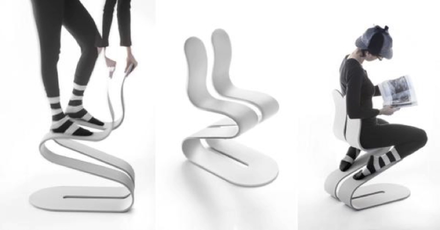 Three views of the Fluid Ribbon Chair: a figure standing on the chair, the chair alone, and a figure seated reading