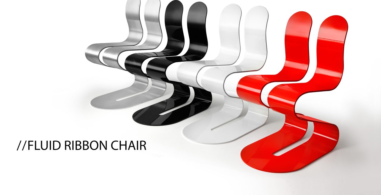 Four Fluid Ribbon Chairs in brushed aluminum, black, white and red, receding across a white ground