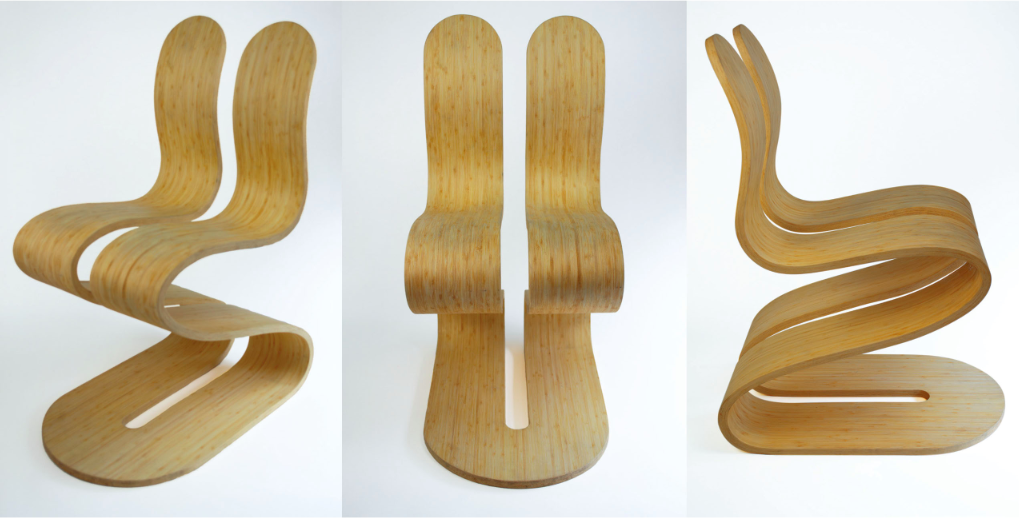 Three views of the bamboo Fluid Ribbon Chair photographed on a white seamless ground